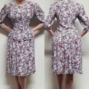 90s Vintage Ms. Basia Multi-color Cabbage Rose Blouse Skirt Two-Piece Set 14